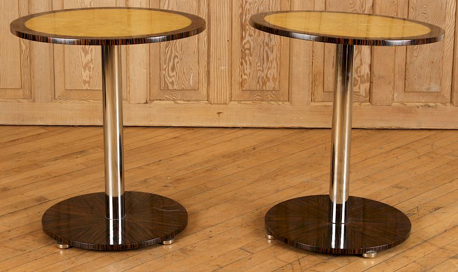 Appraisal: PAIR MACASSAR CHROME PARCHMENT END TABLES A pair of macassar