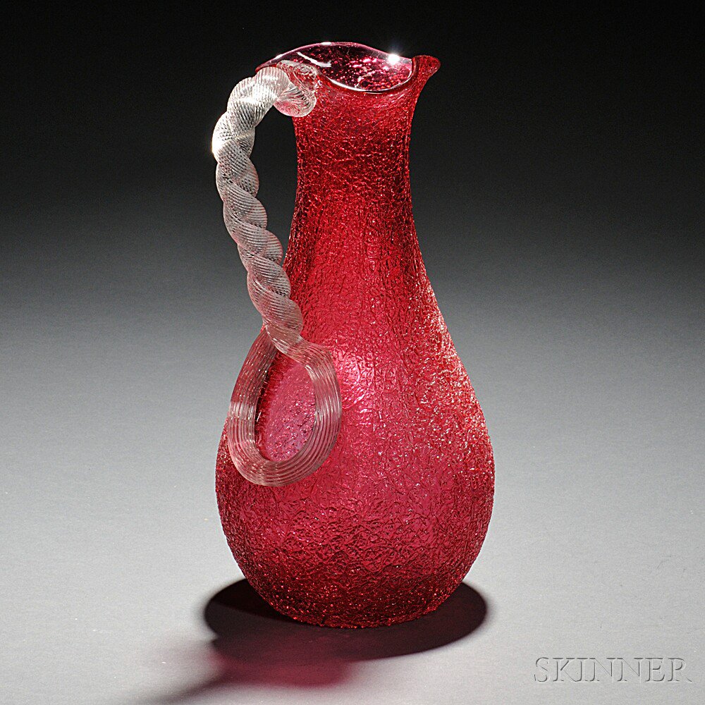 Appraisal: Overshot Cranberry Glass Pitcher th century with ice compartment ropetwist