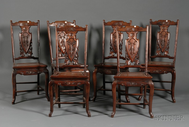 Appraisal: Set of Six Chairs China th century rosewood with floral