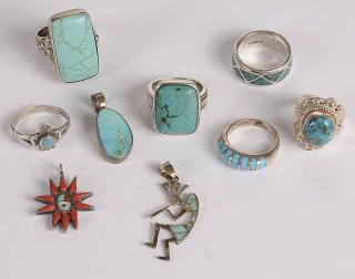 Appraisal: Group of Southwestern Jewelry six silver and turquoise rings all