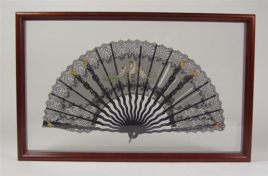 Appraisal: Black Lace Fan with Hand Painted Cherubs Mid th Century