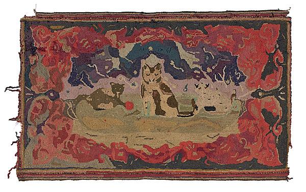 Appraisal: CAT AND KITTENS HOOKED RUG American late th century wool