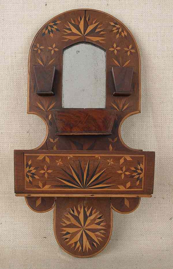 Appraisal: Parquetry inlaid walnut hanging box with a mirror mid th