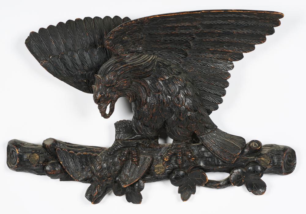 Appraisal: CARVED WOOD EAGLE OVERDOORCondition with losses and insect holes inches