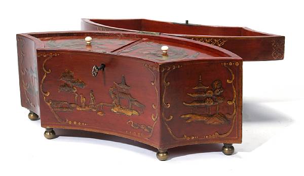 Appraisal: A Regency style red lacquer crescent form tea caddy late