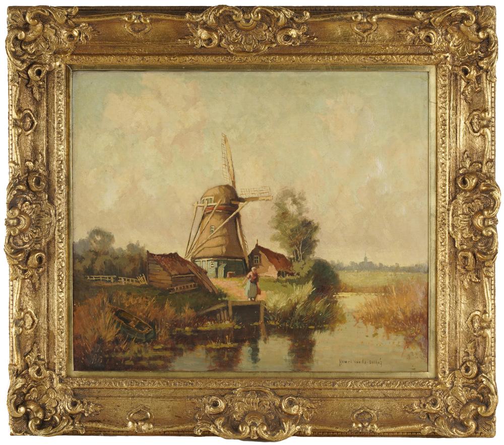 Appraisal: HENRI OS-DELHEZ - WINDMILL LANDSCAPE oil on canvas signed Henri