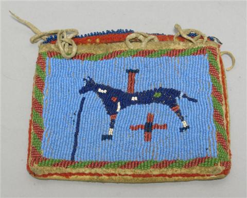 Appraisal: NATIVE AMERICAN BEADED HIDE POUCH Depicting horse in beaded detail