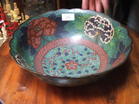 Appraisal: AN ORIENTAL BLUE GROUND CLOISONNE BOWL with polychrome flower and