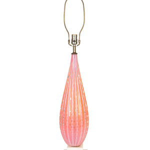 Appraisal: A Murano Pink Fluted Bullicante Glass and Marble Lamp Italy