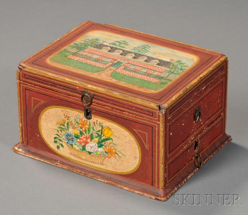 Appraisal: Hand-painted Box Decorated with a Brick House and a Basket