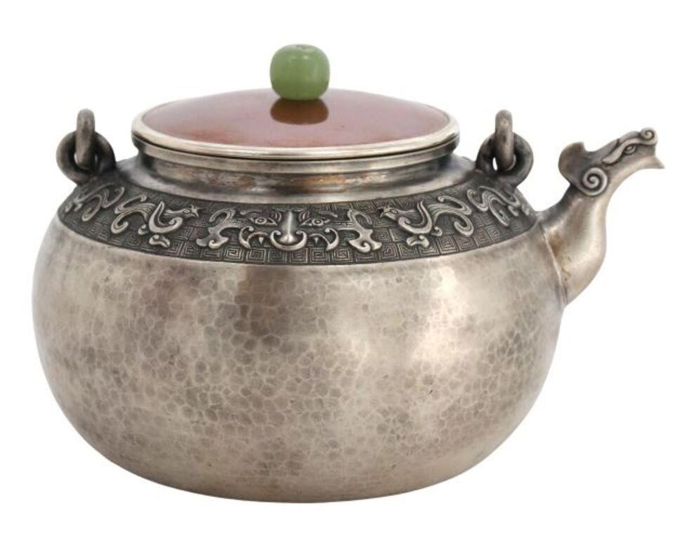 Appraisal: Silver and mixed metal teapot lid with green hardstone finial