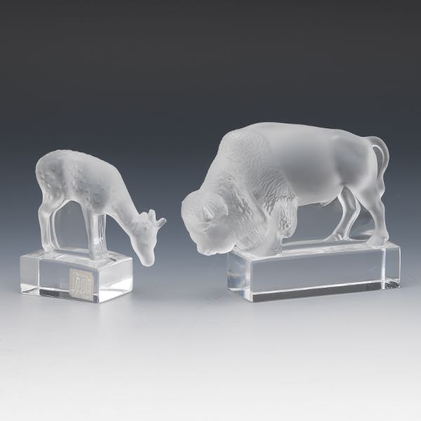 Appraisal: TWO LALIQUE FRANCE FIGURINES OF BISON AND FAUN Two cabinet