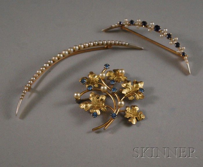 Appraisal: kt Gold and Pearl Crescent Brooch together with two gold-tone