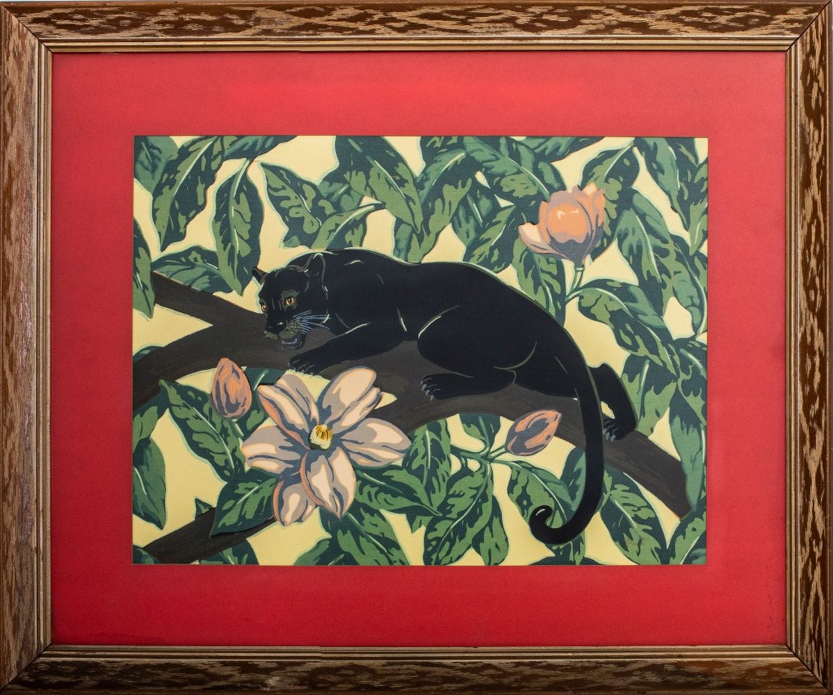 Appraisal: MID-CENTURY SILKSCREEN OF JAGUAR IN MAGNOLIA TREE Vintage Mid-Century Modern