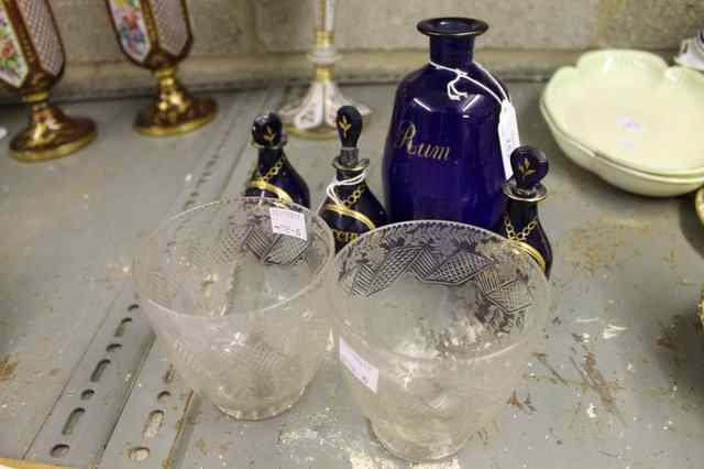 Appraisal: A BRISTOL BLUE GLASS DECANTER inscribed in gilt 'Rum' no