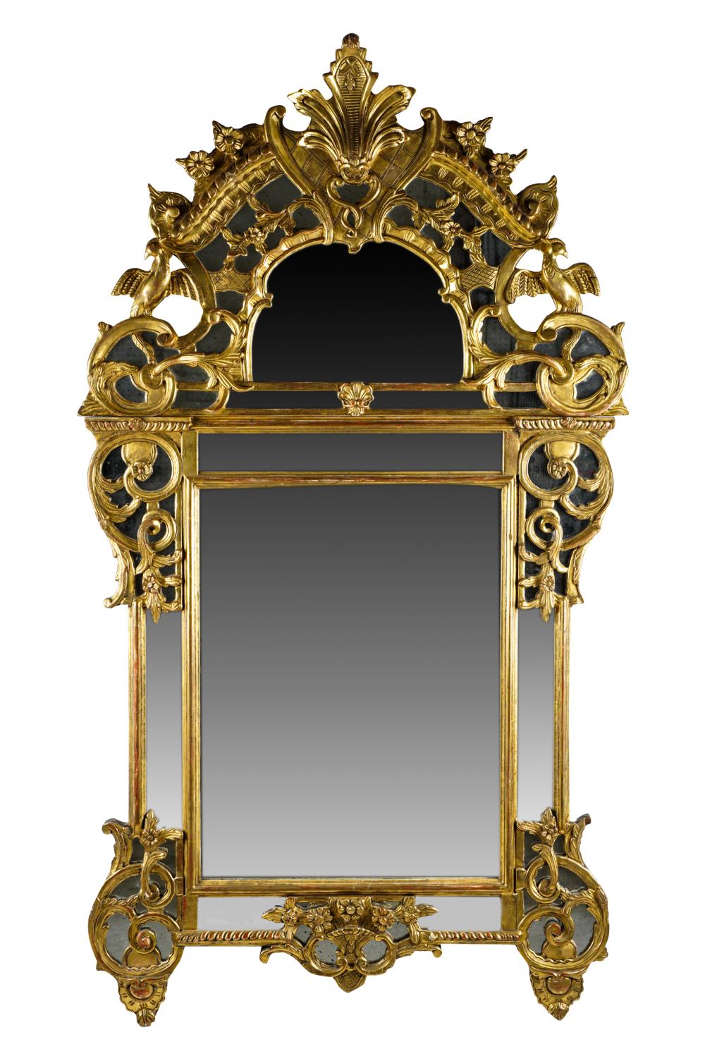 Appraisal: FRENCH GILTWOOD MIRRORwith mirrored pediment Condition with rubbed wear to