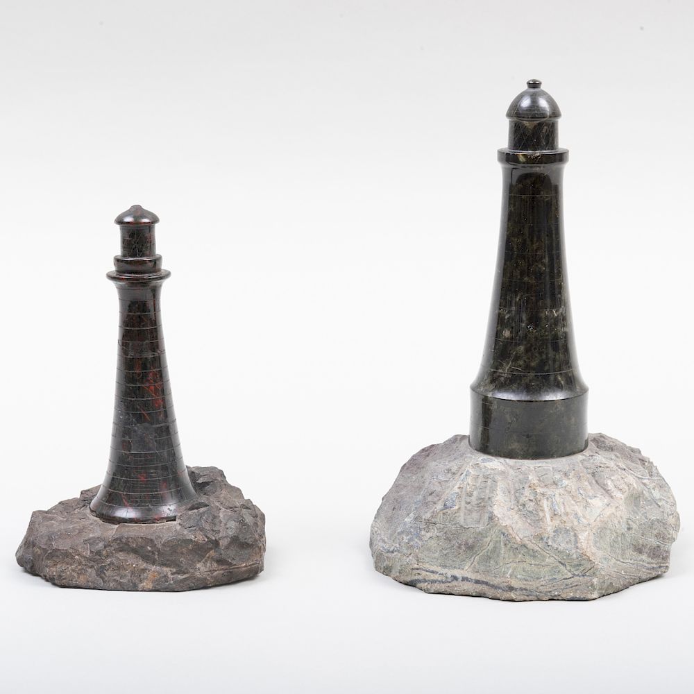 Appraisal: Two Mable Models of Marble Lighthouses on Stone Bases The