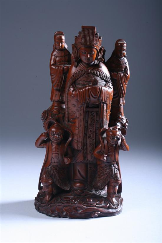 Appraisal: CHINESE WOOD FIGURE OF IMMORTAL AND ATTENDANTS Standing on cloud