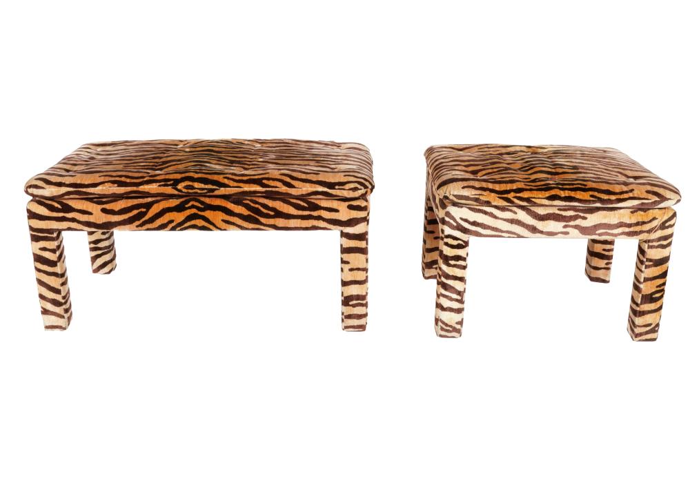 Appraisal: TWO FULLY UPHOLSTERED BENCHESanimal-print velour fabric Provenance The Estate of