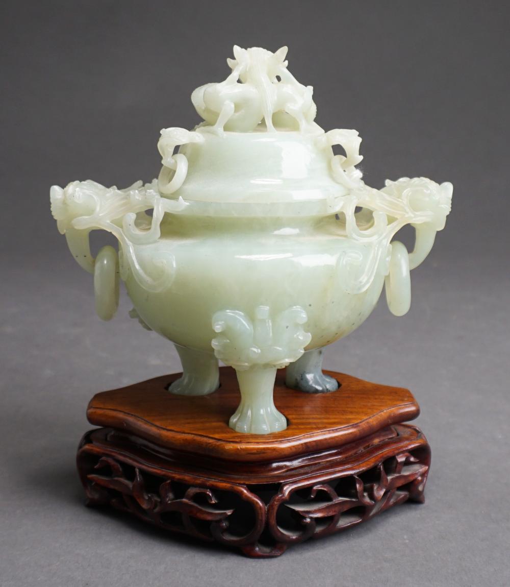 Appraisal: Chinese Carved Green Hardstone Koro on Hardwood Stand in Presentation