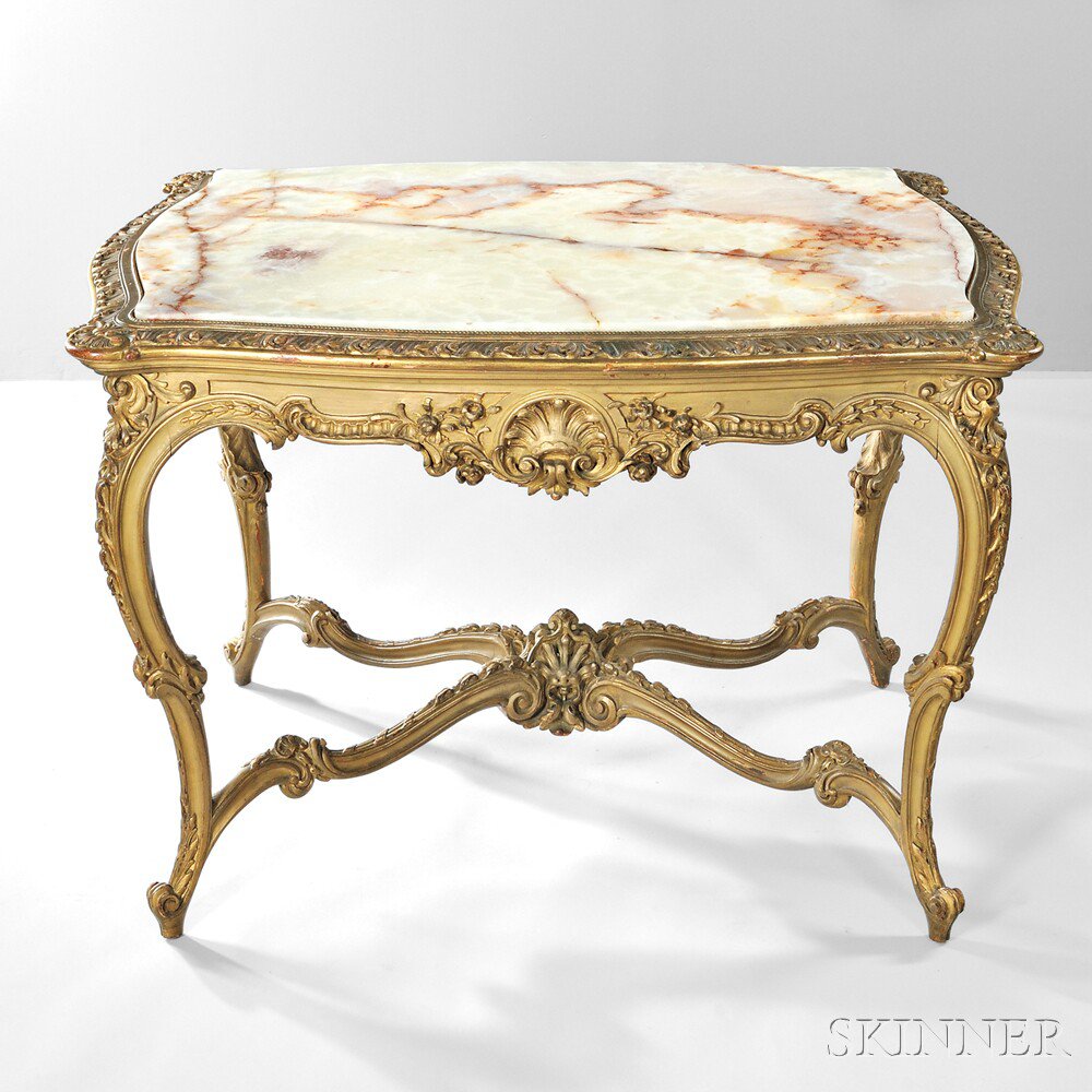 Appraisal: Louis XV-style Giltwood and Green Onyx Table Continental th early