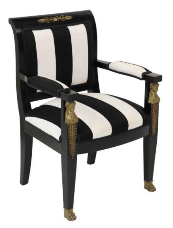 Appraisal: French Empire style armchair late th c ebonized frame in