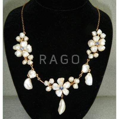 Appraisal: EDWARDIAN SAPPHIRE AND RIVER PEARL NECKLACE Floral motif with petal