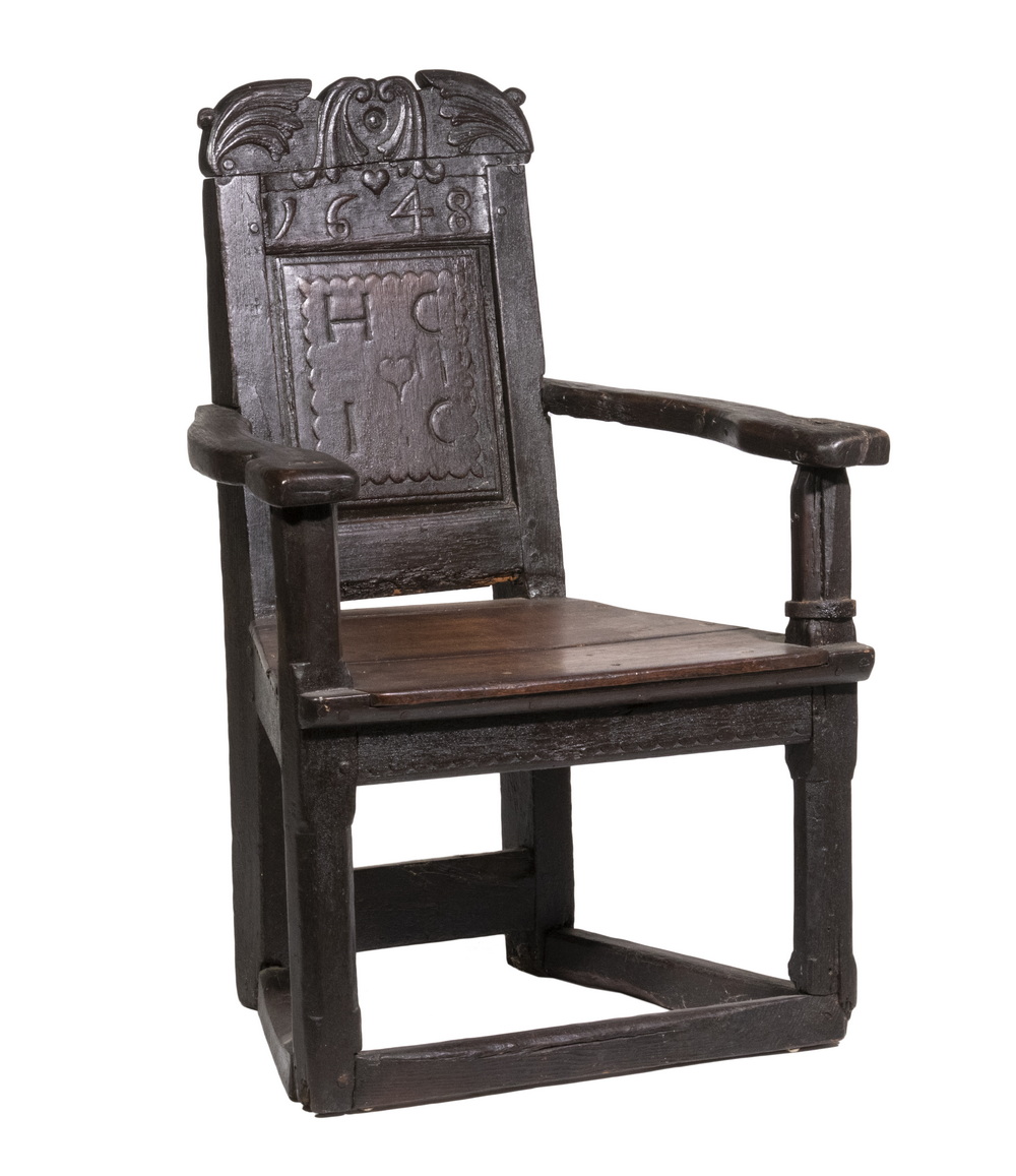 Appraisal: ENGLISH CHARLES I PERIOD DATED WEDDING CHAIR Sturdy English Oak