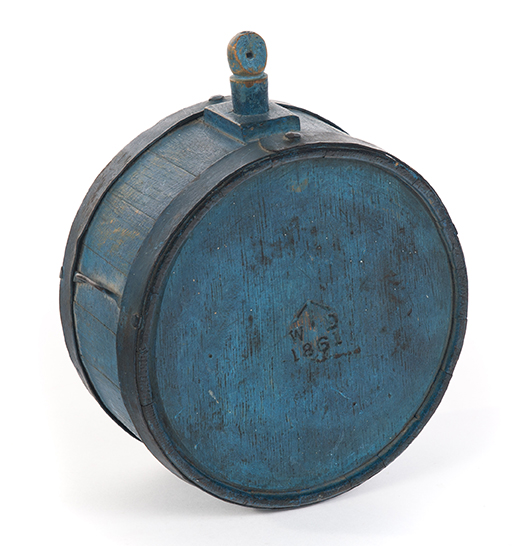 Appraisal: AMERICAN PAINTED CANTEEN Stave construction with metal bands and wooden