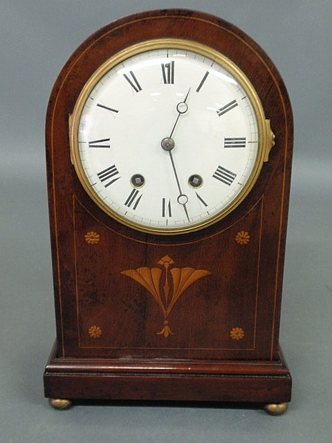 Appraisal: French mantel clock with an inlaid mahogany case and porcelain