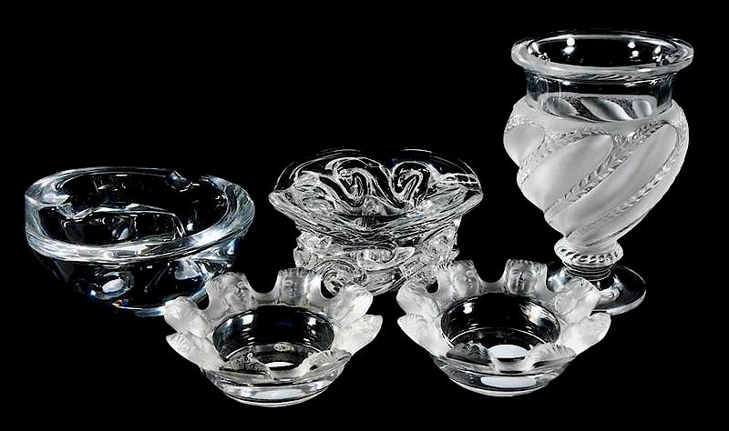 Appraisal: Group of Five Glass Table Ornaments including two Lalique frosted