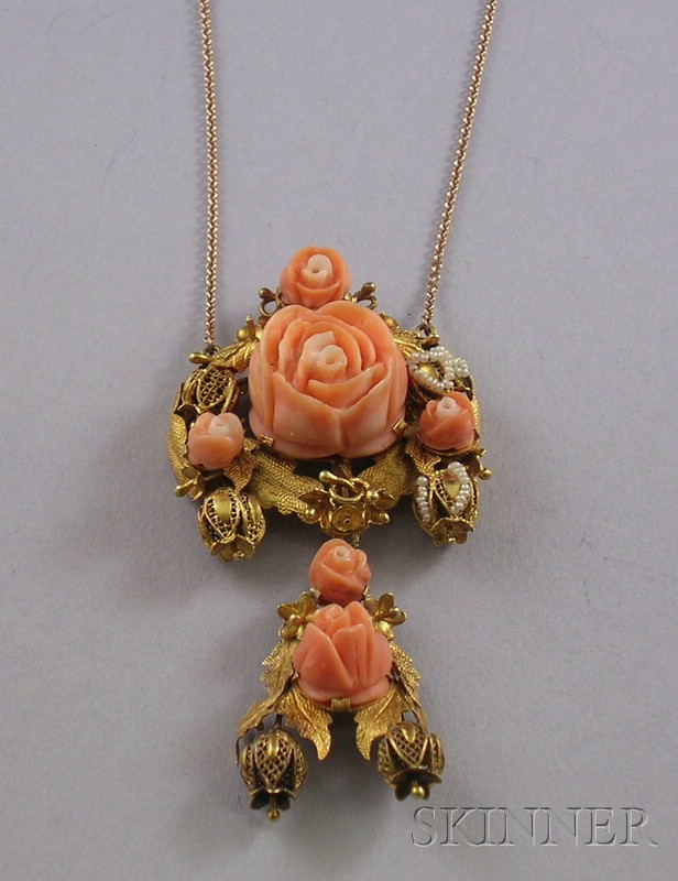 Appraisal: kt Gold Seed Pearl and Carved Coral Rose Pendant on