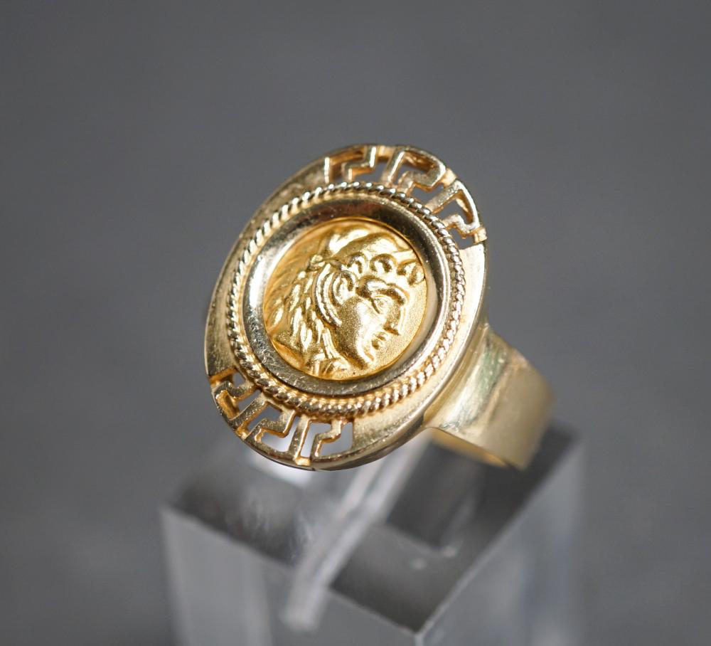 Appraisal: -KARAT YELLOW-GOLD AND 'GREEK COIN' RING DWT SIZE -Karat Yellow-Gold