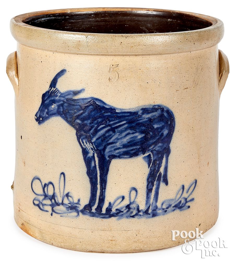 Appraisal: Stoneware crock th c cobalt mule Five-gallon stoneware crock th