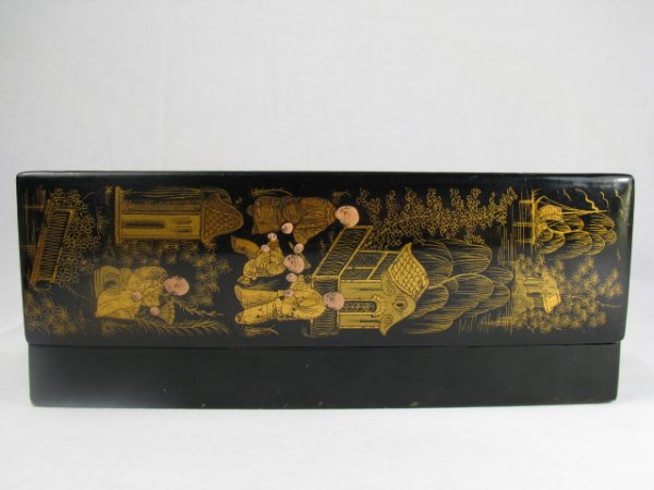 Appraisal: Three section pen box decorated with gold Chinoiserie designs Measures