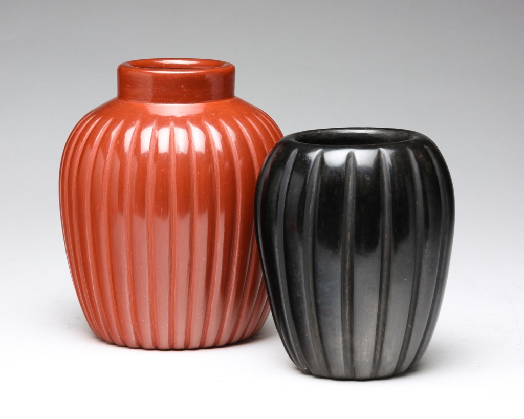 Appraisal: Santa Clara New Mexico Signed melon ribbed vases Blackware by