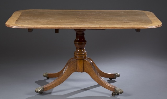 Appraisal: Georgian Style Pedestal Dining Table Walnut with walnut burl banding