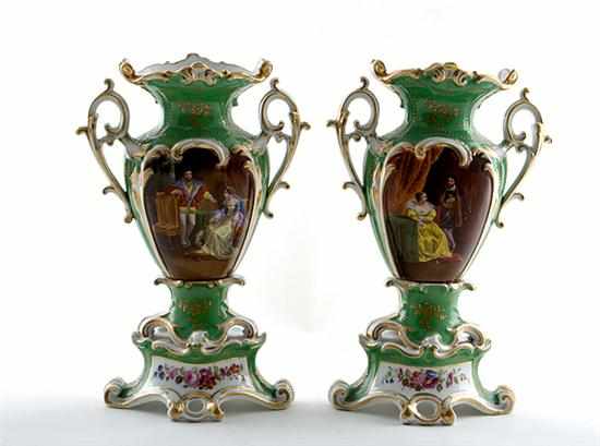 Appraisal: Pair English pictorial painted porcelain urns circa probably Rockingham shaped