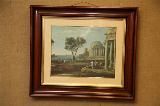 Appraisal: FRAMED LITHOGRAPH Classical village scene with people and livestock by