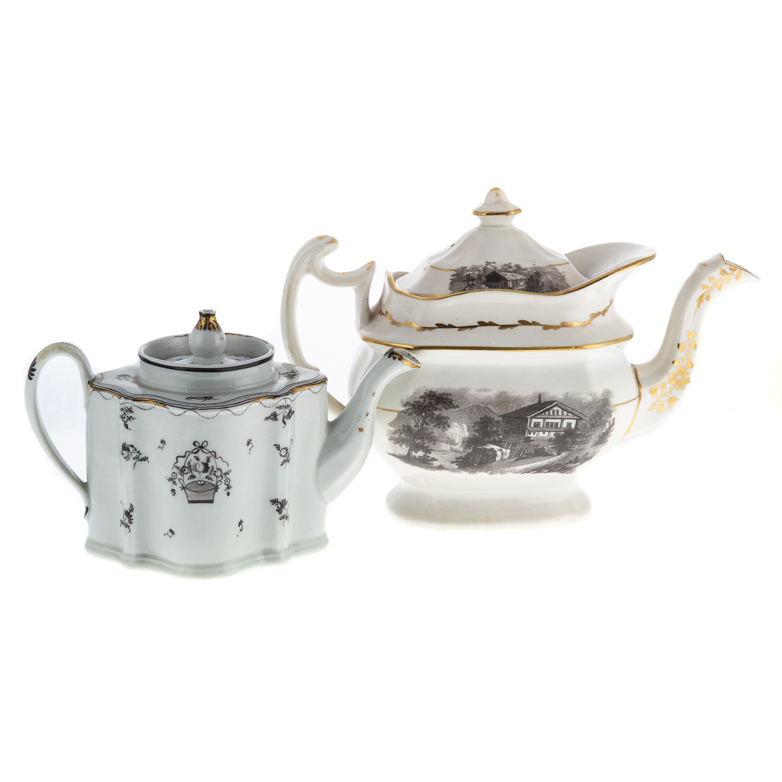 Appraisal: TWO ENGLISH CHINA TEAPOTS Black transfer teapot with gilt accents