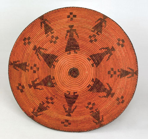 Appraisal: Apache coiled basketry tray ca decorated with human figures h