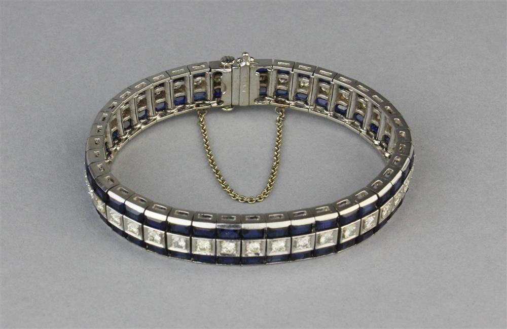 Appraisal: DIAMOND AND SYNTHETIC BLUE SAPPHIRE K WHITE GOLD LINE BRACELET