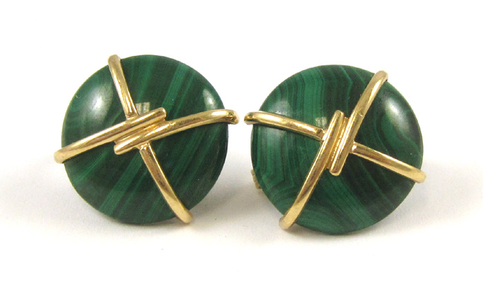 Appraisal: PAIR OF MALACHITE CLIP-ON EARRINGS each with a round malachite