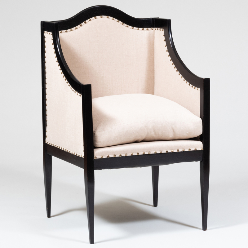 Appraisal: Ebonized and Linen Upholstered Arm Chair Of Recent Manufacture x