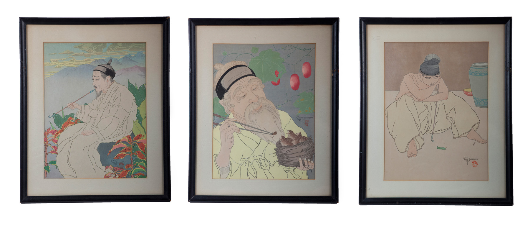 Appraisal: THREE WOODBLOCK PRINTS BY PAUL JACOULET FRANCE JAPAN - Signed