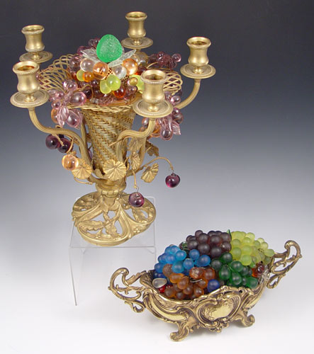 Appraisal: A GLASS FRUIT AND GILT METAL CANDELABRA AND A JARDINIERE