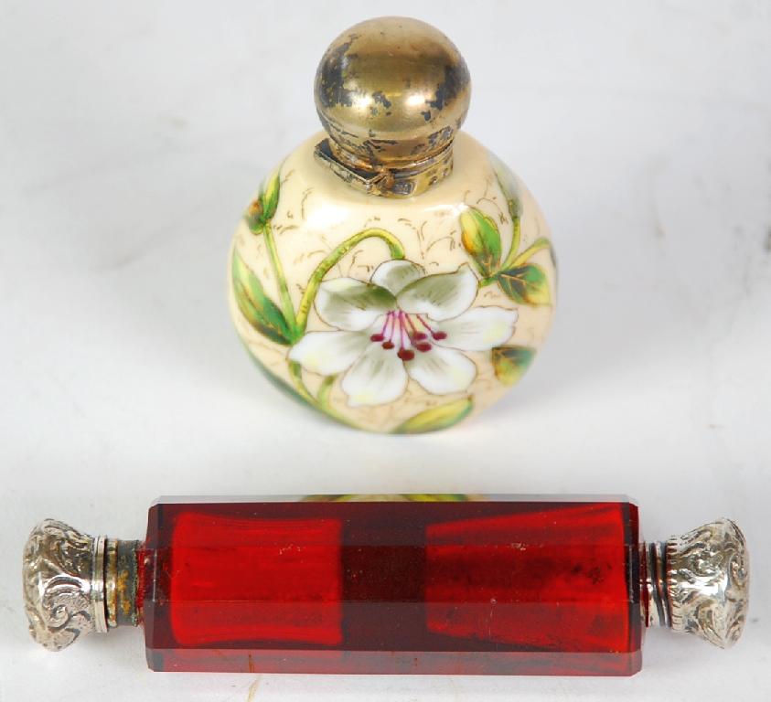 Appraisal: LATE VICTORIAN PANEL CUT CRANBERRY GLASS DOUBLE ENDED SCENT BOTTLE