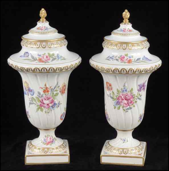 Appraisal: PAIR OF FRENCH PAINTED PORCELAIN COVERED URNS H '' Condition