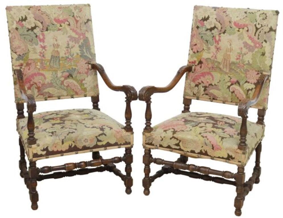 Appraisal: pair French Louis XIII style highback armchairs th c needlepoint