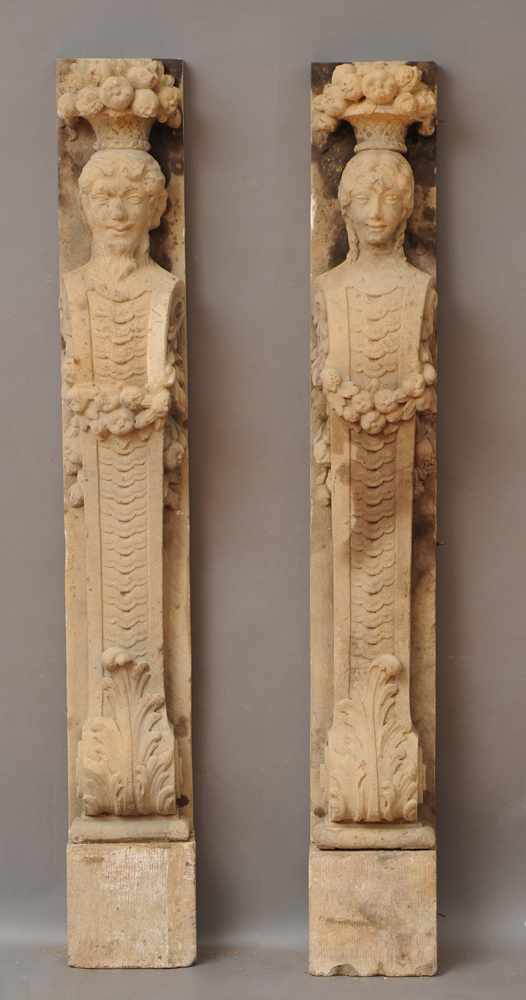 Appraisal: ASSEMBLED PAIR OF BAROQUE STYLE CAST STONE FIGURAL PILASTERS Cast